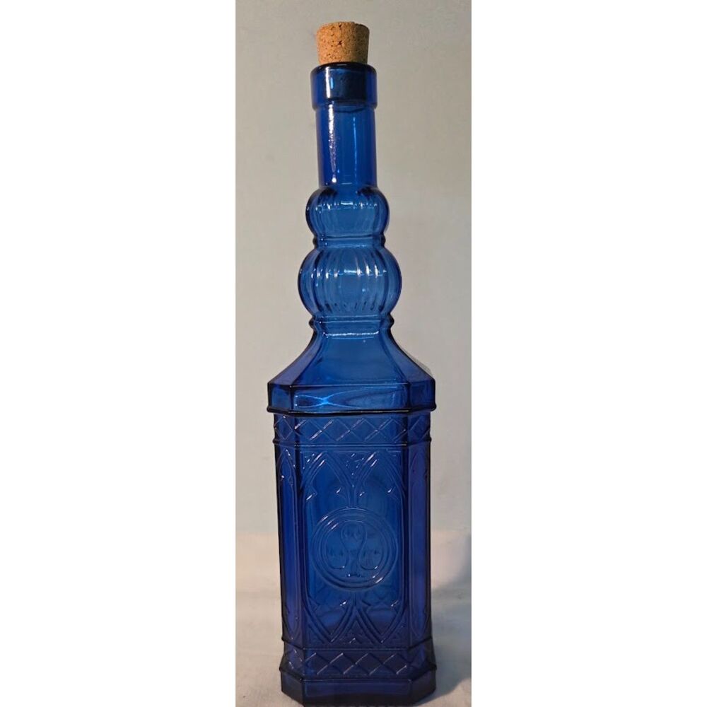 Vintage Cobalt Blue Glass Decanter Bottle w Cork Stopper Gothic Pattern
